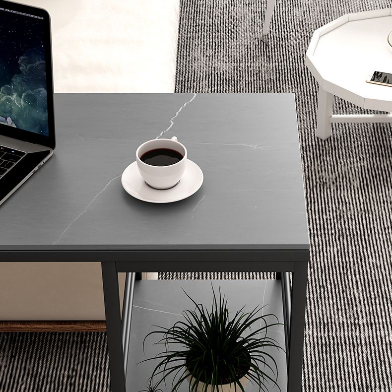 Industrial Rectangle Stone Pub Bar Table Indoor Black Iron Bar Dining Table with Shelf Clearhalo 'Bar Furniture' 'Bar Tables' 'bar_tables' 'furn' 'furn_bar_tables' 'Furniture' 'furniture_bar_tables' 'Kitchen & Dining Furniture' 1200x1200_c06323cc-4737-4512-aaf7-bd70d4c7f6e9
