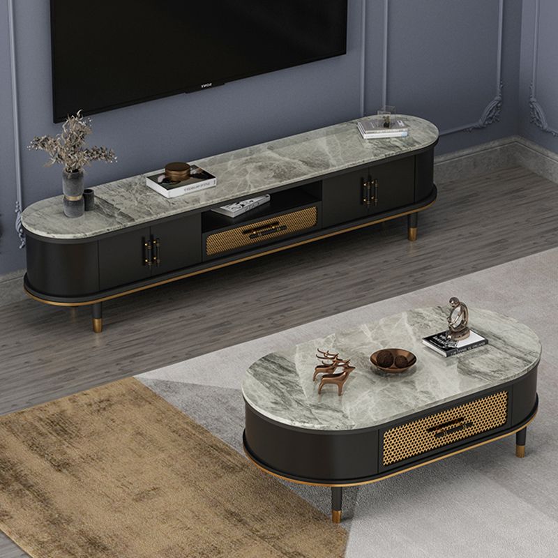 Glam Stone TV Stand Console Black Open Storage Media Console with Doors Clearhalo 'furn' 'furn_tv_stands_entertainment_centers' 'Furniture' 'Living Room Furniture' 'TV Stands & Entertainment Centers' 'TV Stands & Media Storage Furniture' 'tv_stands_entertainment_centers' 1200x1200_c0d090de-15c7-4ed6-958b-516a57e32a6a