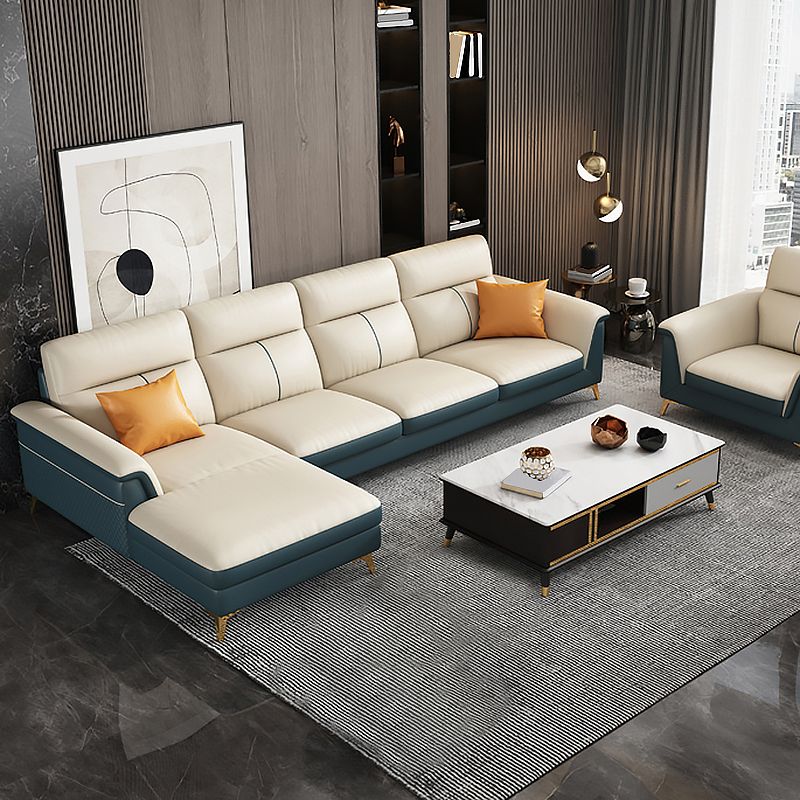 Pillow Top Arm Genuine Leather Sectionals, Cushion Back 36.2" Sectional Sofa in Ivory Clearhalo 'furn' 'furn_sectionals' 'Furniture' 'Living Room Furniture' 'Sectionals' 1200x1200_c0d61d1f-f886-472b-8153-31b37db97915