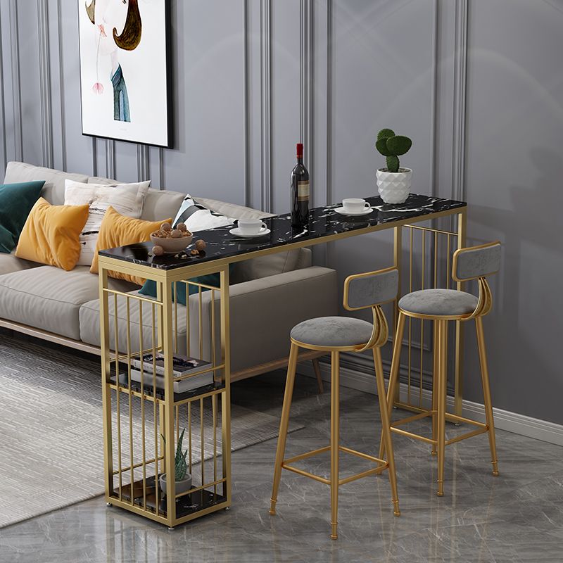 Glam Rectangle Stone Pub Bar Table Gold Iron Double Pedestal Bar Dining Table with 2-Shelf Clearhalo 'Bar Furniture' 'Bar Tables' 'bar_tables' 'furn' 'furn_bar_tables' 'Furniture' 'furniture_bar_tables' 'Kitchen & Dining Furniture' 'kitchen&dining_furn' 'kitchen' 1200x1200_c0eadd58-20fc-4329-a747-7594517aedf3