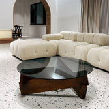 Tavolo da cocktail tondo in vetro con base in legno massiccio