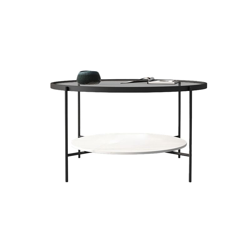 Modern Round Glass & Slate Coffee Cocktail Table with Storage Shelf