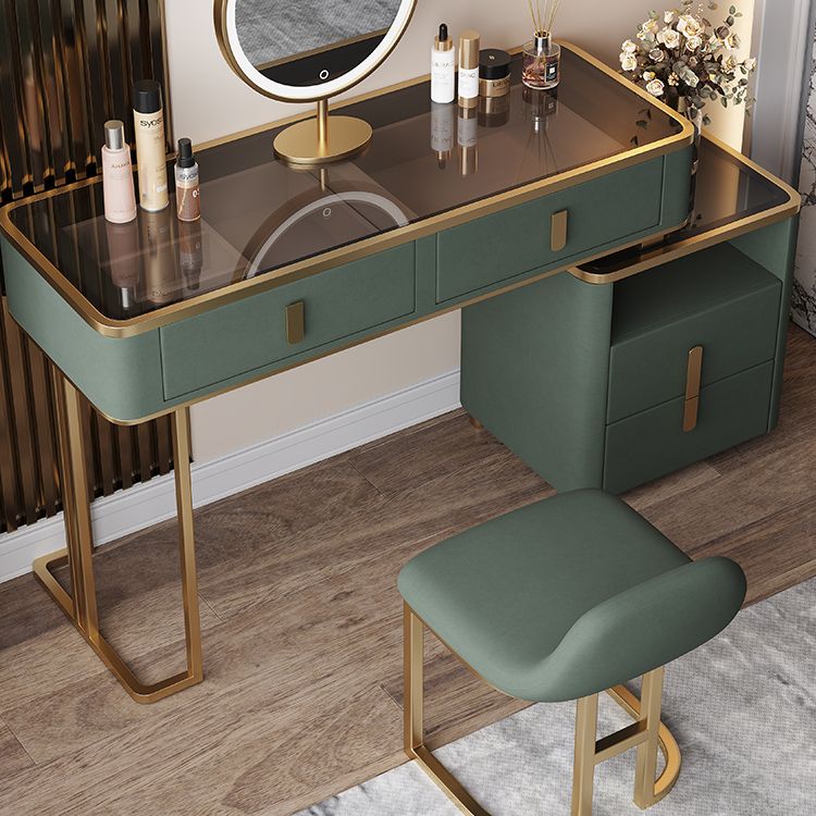 Glass Top Dressing Table Solid Wood Green Make-up Vanity with Drawers