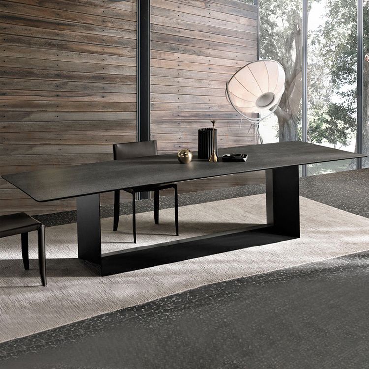 Metal Contemporary Rectangular Dining Table Sintered Stone Table with Trestle Clearhalo ' dining_table' 'Dining Tables & Seating' 'Dining Tables' 'furn' 'furn_dining_table' 'Furniture' 'furniture_dining_table' 'Kitchen & Dining Furniture' 'kitchen&dining_furn' 'kitchen' 'kitchen_dining_table' 1200x1200_c1538e58-d141-43da-8dd5-b42a7080ecc0