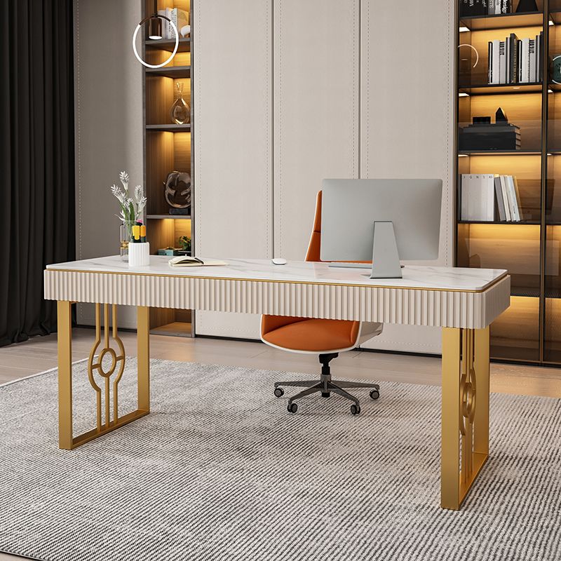 Escritorio de la oficina de 2 cavadores de estilo glamoroso con base de piedra sinterizada con base de trineo