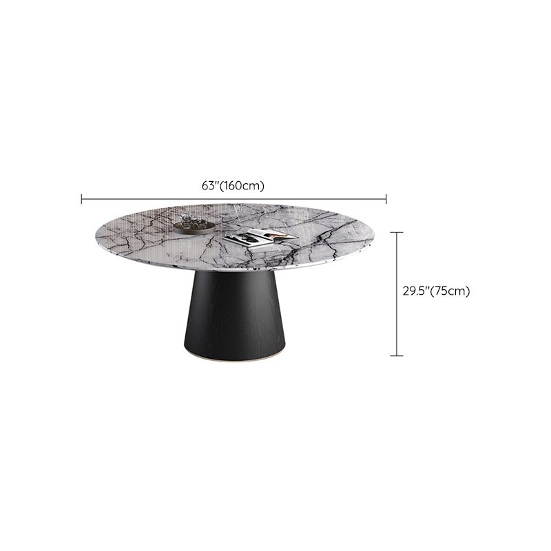Contemporary Gray Marble Round Dining Table with Wooden Pedestal