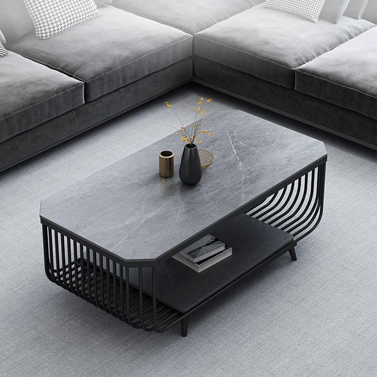 17.7" H Glam Rectangle Slate Coffee Table Iron 4 Legs Cocktail Table with Shelf Clearhalo 'Coffee & Accent Tables' 'Coffee Tables' 'coffee_tables' 'furn' 'furn_coffee_tables' 'Furniture' 'Living Room Furniture' 1200x1200_c17c5bc6-29b9-4cd7-82aa-cefacc790030