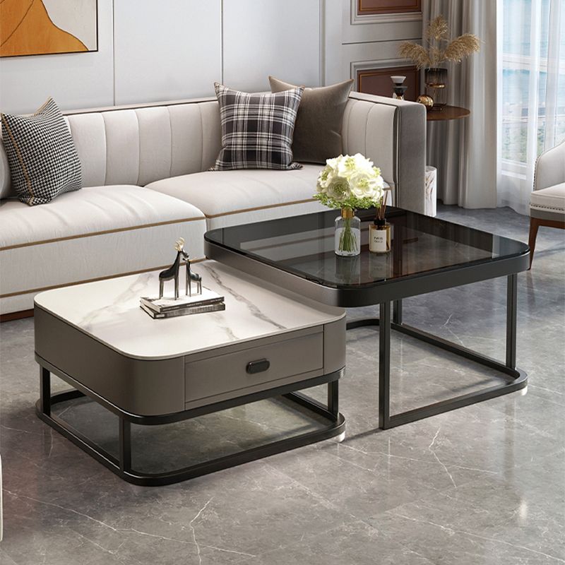 Modern 2 Nesting Glass Coffee Table Set Steel Frame Base 1 - Drawer Cocktail Table Clearhalo 'Coffee & Accent Tables' 'Coffee Tables' 'coffee_tables' 'furn' 'furn_coffee_tables' 'Furniture' 'Living Room Furniture' 1200x1200_c1a3b4f4-159a-46a4-8841-3073509f4377