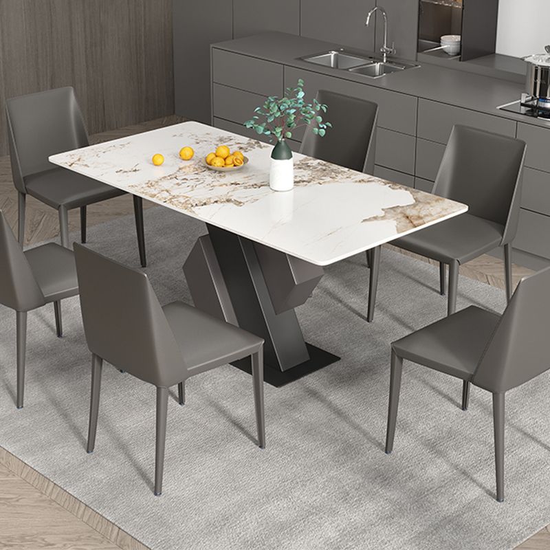 Mesa de comedor industrial de piedra sinterizada Mesa rectangular con base de pedestal de metal