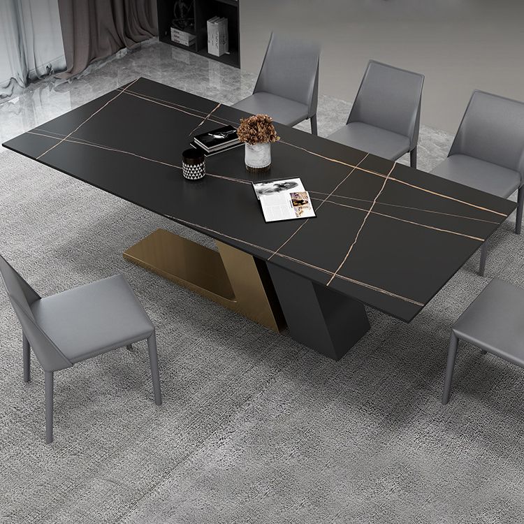 Mesa de rectángulo de base de metal dorado Mesa de comedor de piedra sinterizada en blanco y negro moderno