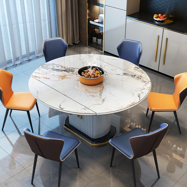 Table à manger extensible moderne, plateau rond en pierre blanche avec rangement