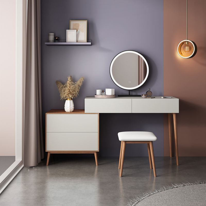 Tavolo da vanità contemporaneo e set di sgabelli con specchio, set di vanità per trucco in legno