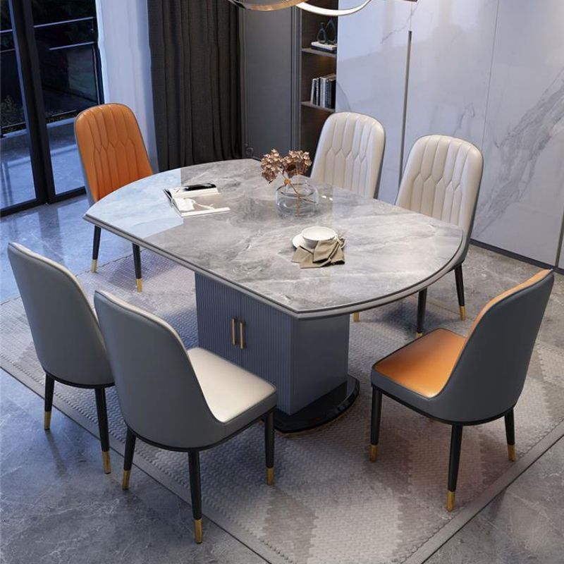 Modern Round Stone Top Dining Table Double Pedestal Metal Base in Grey