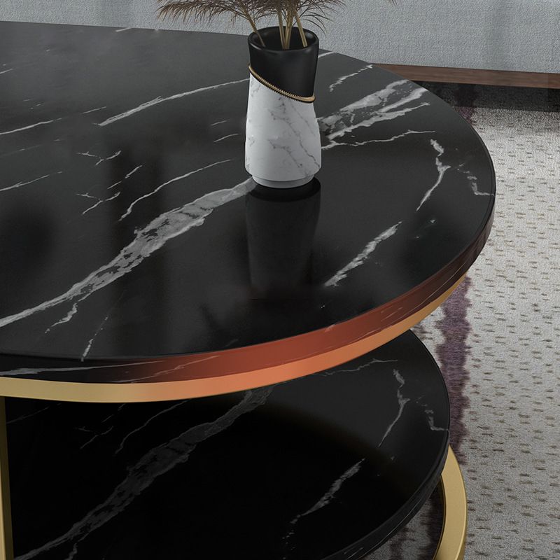 Modern Oval Marble Imitation Coffee Table with Metal Legs in Black/White with Shelf Clearhalo 'Coffee & Accent Tables' 'Coffee Tables' 'coffee_tables' 'Furniture' 'furniture_coffee_tables' 'Living Room Furniture' 1200x1200_c20eece0-1bf4-494f-8f89-19ac7e1b0ded