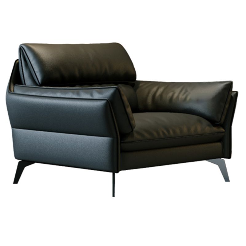 Schwarzes Sofa aus echtem Leder, Mid-Century Modern, Pillow-Top-Arm-Sofa – 33,5" H