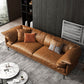 Modern Pillow Back Sofa Orange Genuine Leather Tuxedo Arm Sofa