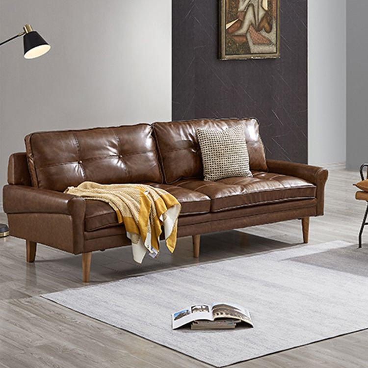 Solid Wood Round Arm Sofa Living Room Tufted Leather Sofa 32.28" H