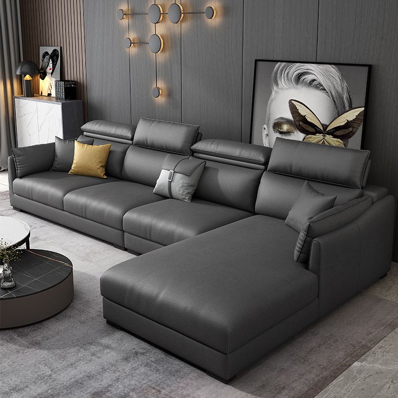 Modern Faux Leather Sofa & Chaise 68.90" D Square Arm Sofa in Dark Grey Clearhalo 'furn' 'furn_sectionals' 'Furniture' 'Living Room Furniture' 'Sectionals' 1200x1200_c24c3fb8-ef7d-4569-a957-86b73e3e9b9f