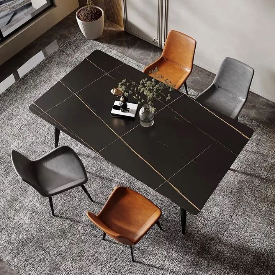 Modern Style Sintered Stone Dining Table with Rectangle Shape Table and 4 Black Legs Base Clearhalo 'Dining Room Sets' 'Dining Tables & Seating' 'dining_room_set' 'furn' 'furn_dining_room_set' 'Furniture' 'furniture_dining_room_set' 'Kitchen & Dining Furniture' 'kitchen&dining_furn' 'kitchen' 1200x1200_c2513245-089f-48f6-991f-2246e426477d