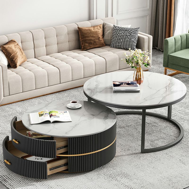 Round Slate Coffee Table Set Frame Cocktail Table with 2 Storage Drawers Clearhalo 'Coffee & Accent Tables' 'Coffee Tables' 'coffee_tables' 'furn' 'furn_coffee_tables' 'Furniture' 'Living Room Furniture' 1200x1200_c26b5793-2965-4469-9a79-69381aa7d094