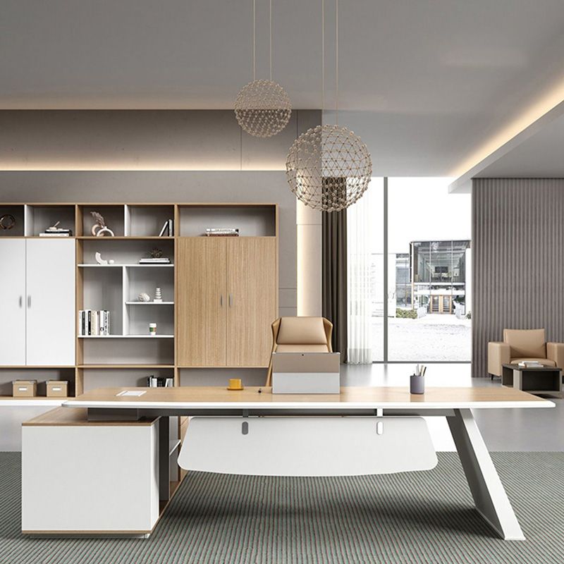 White and Natural Office Desk Modern Artificial Wood Executive Desk Locking Drawer Clearhalo 'furn' 'furn_office_desk' 'Furniture' 'Office Desks' 'Office Furniture' 'office_desk' 1200x1200_c26ca96e-d52c-4de4-9cd5-65ceeb231bd0