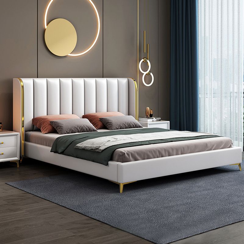 Glam White Panel Bed Upholstered Headboard Standard Bed 60"W x 80"L