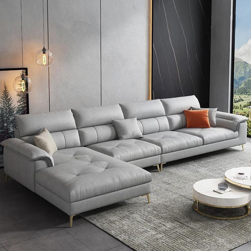 137.8" W x 70.87" D x 35.43" H Faux Leather Sofa & Chaise Modern Sewn Pillow Back Sofa Clearhalo 'furn' 'furn_sectionals' 'Furniture' 'Living Room Furniture' 'Sectionals' 1200x1200_c2a3366f-baaa-46d4-acaf-8ac1818b7768