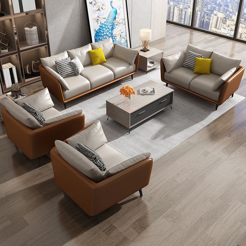 ステイン耐性標準のフェイクレザースクエアアームセッテソファ枕付き