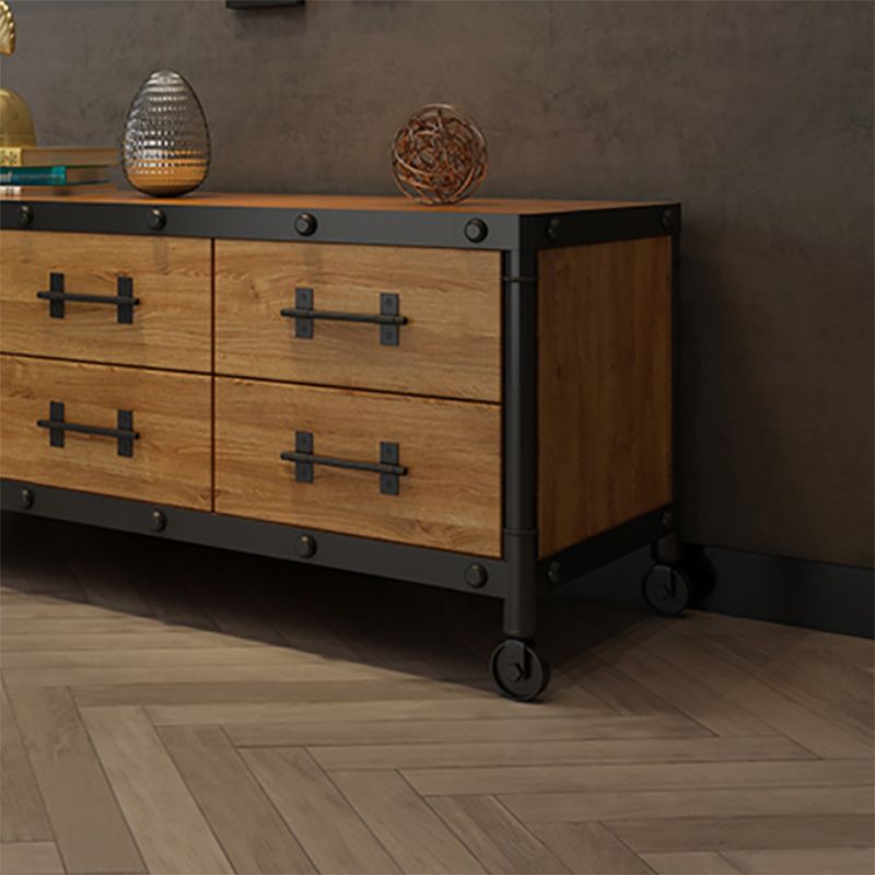 Console TV industrielle en pin, support multimédia de rangement fermé avec tiroirs pour le salon