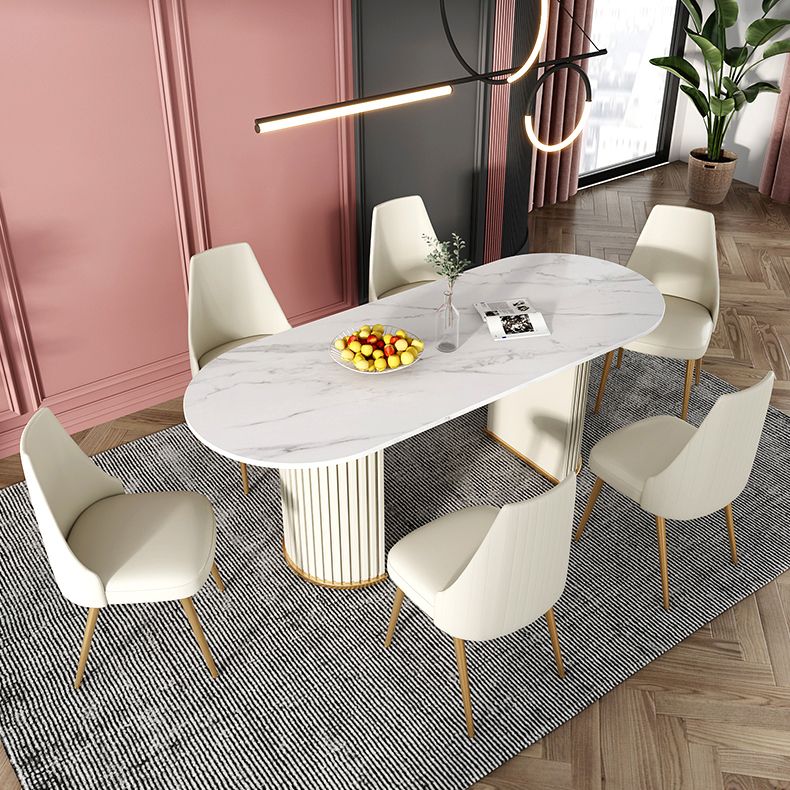 Modern Sintered Stone Oval Table Dining Table with White/Orange Double Pedestal Clearhalo ' dining_table' 'Dining Tables & Seating' 'Dining Tables' 'Furniture' 'furniture_dining_table' 'Kitchen & Dining Furniture' 'kitchen&dining_furn' 'kitchen' 'kitchen_dining_table' 1200x1200_c2f42ce7-4348-4475-bbde-1260141d60fb