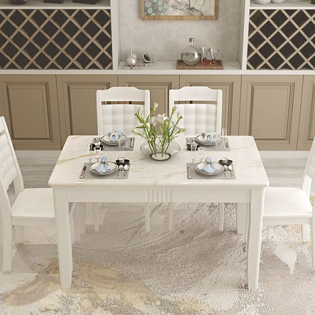 Contemporary Style Marble Dining Set with White Fixed Table and 4 Legs Base for Home Use Clearhalo 'Dining Room Sets' 'Dining Tables & Seating' 'dining_room_set' 'furn' 'furn_dining_room_set' 'Furniture' 'furniture_dining_room_set' 'Kitchen & Dining Furniture' 'kitchen&dining_furn' 'kitchen' 1200x1200_c312864e-ce23-4242-87a7-281371187d86