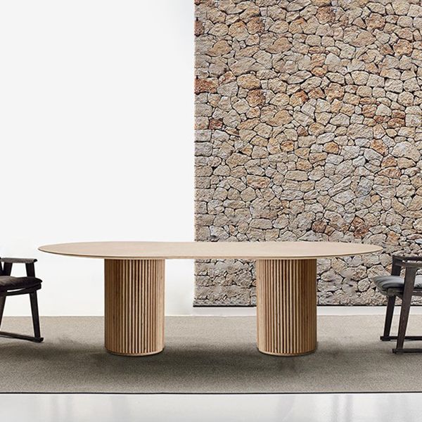 Oval Double Pedestal Modern Dining Table Brown Tone Fixed Table with Solid Wood Clearhalo ' dining_table' 'Dining Tables & Seating' 'Dining Tables' 'furn' 'furn_dining_table' 'Furniture' 'furniture_dining_table' 'Kitchen & Dining Furniture' 'kitchen&dining_furn' 'kitchen' 'kitchen_dining_table' 1200x1200_c321ca05-a41d-4c8b-87e3-443bb330bf72