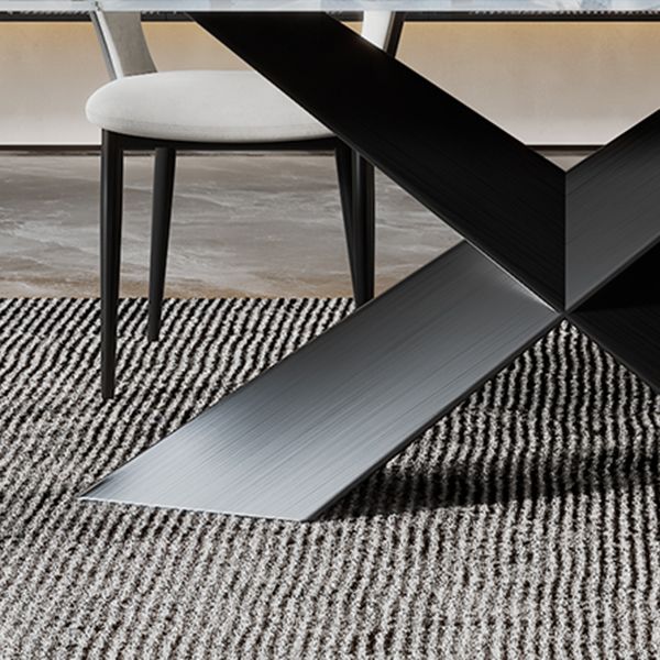 Mesa de comedor de piedra blanca rectangular moderna con pedestal doble de acero negro