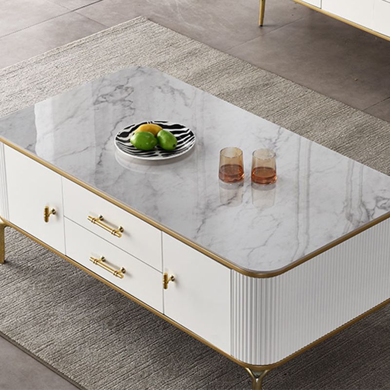 Glam 4-beiniger einzelner Couchtisch aus Schiefer, rechteckiger Cocktailtisch mit 2 Schubladen