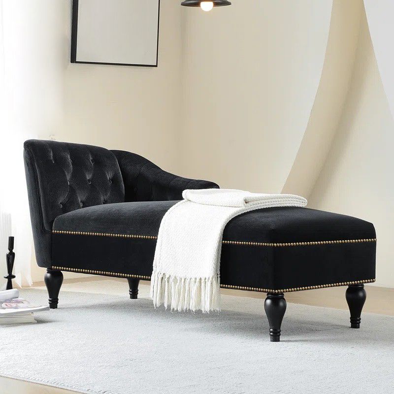 Modern Velvet Upholstered Cushioned One Armed Chaise Lounge with Nailhead Trim