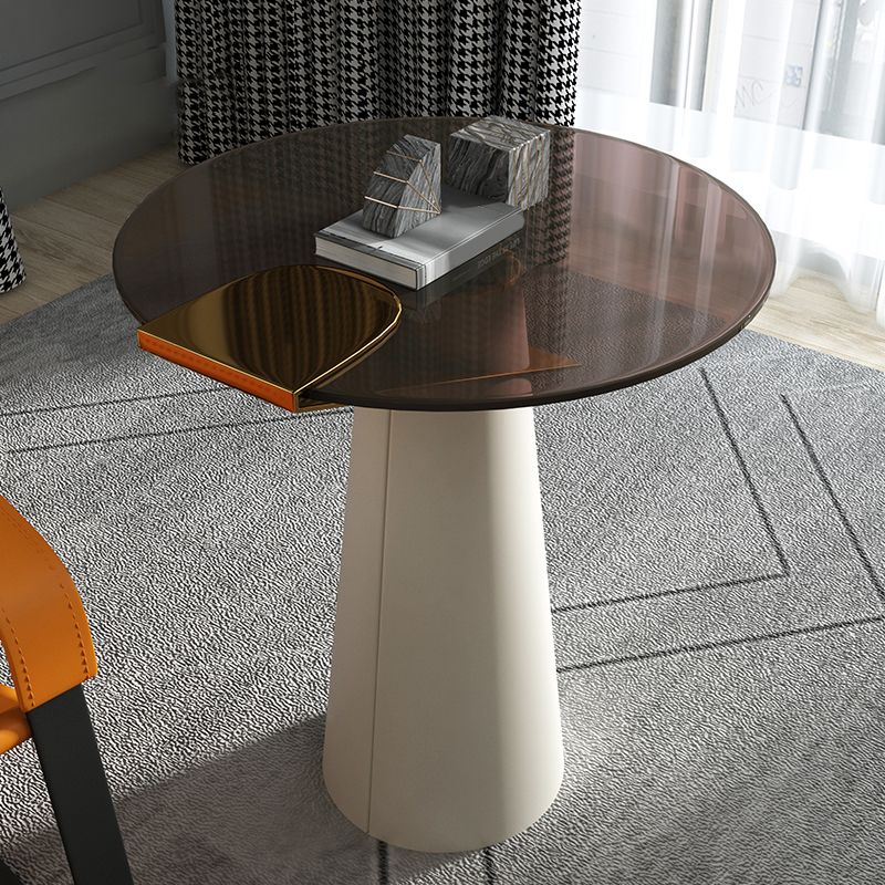Modern Round Glass Top Side Table 21.65" Tall Leather Pedestal End Table