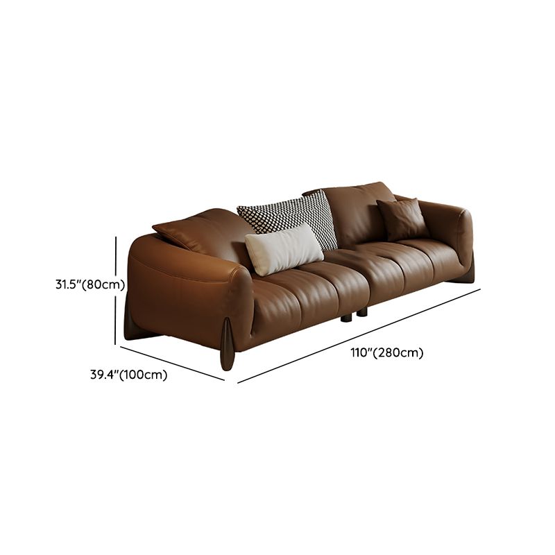 Genuine Leather Square Arm Sofa in Brown Simple Standard Sofa with Pillows