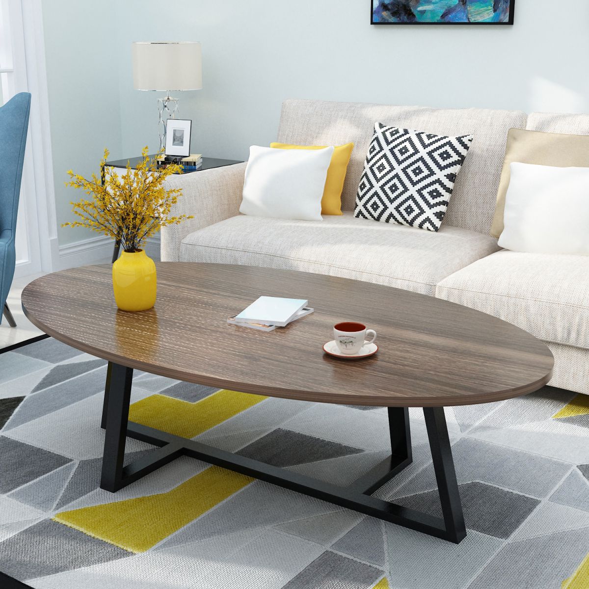 Metal Cross Legs Cocktail Table Wooden Oval Top Coffee Table Clearhalo 'Coffee & Accent Tables' 'Coffee Tables' 'coffee_tables' 'furn' 'furn_coffee_tables' 'Furniture' 'Living Room Furniture' 1200x1200_c3659c8f-c331-46d9-ac4f-7b61edfe93b0