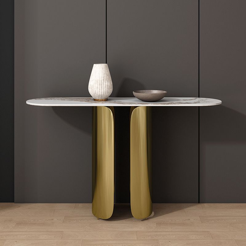 16 Inch Wide Glam Console Table Oval Stone Accent Table for Hall
