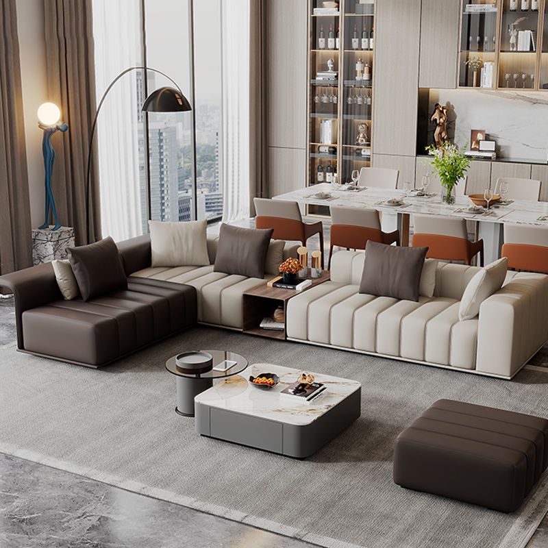 Genuine Leather Sofa with Pillows 24" H Square Arm Sofa in Beige and Brown Clearhalo 'furn' 'furn_sectionals' 'Furniture' 'Living Room Furniture' 'Sectionals' 1200x1200_c377bbe5-2259-4ea3-bbb8-b59a812a6a8f