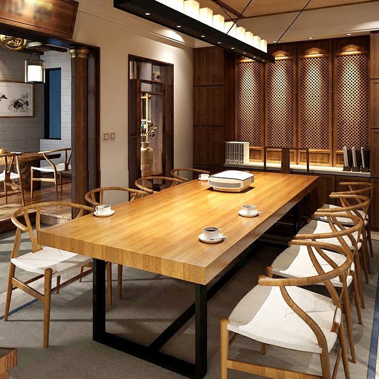 Solid Wood Top Dining Table Industrial Rectangle Table with Trestle Base Clearhalo 'Dining Tables & Seating' 'Dining Tables' 'dining_table' 'furn' 'furn_dining_table' 'Furniture' 'furniture_dining_table' 'Kitchen & Dining Furniture' 1200x1200_c39738ee-6f4f-44d0-bfdf-c10a84c93739