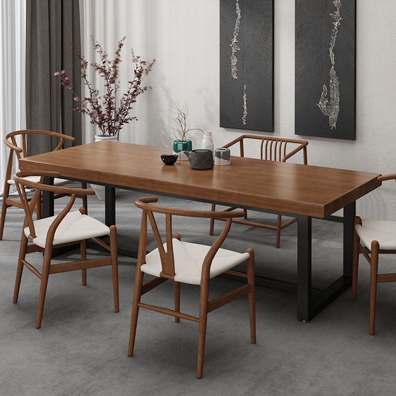 Mesa de comedor rectangular con base negra, mesa de madera industrial para cocina