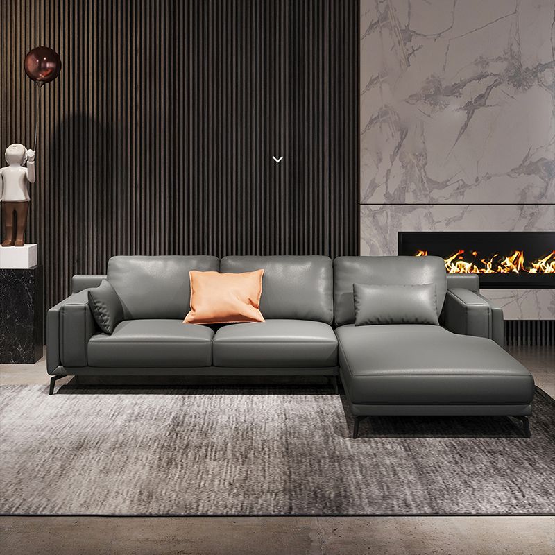 Square Arm Grey Pillowed Back Cushions Splayed Wooden Legs Sofa Clearhalo 'furn' 'furn_sectionals' 'Furniture' 'furniture_sectionals' 'kitchen' 'kitchen_sectionals' 'Living Room Furniture' 'Sectionals' 1200x1200_c3aeffb9-3730-4c71-b523-6f7e08bcb2a2