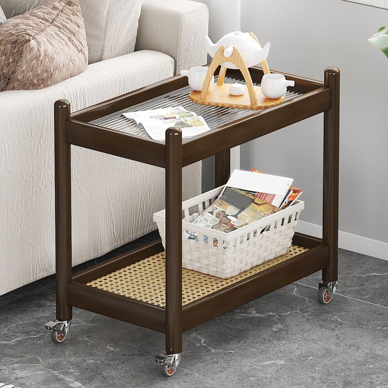 棚と車輪付きの最新の長方形のガラス上端テーブル木材ベースサイドテーブル