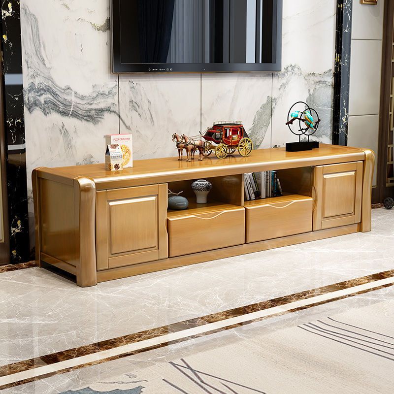 Soporte de madera moderno para TV, consola de almacenamiento abierto, soporte multimedia para TV con puertas para sala de estar