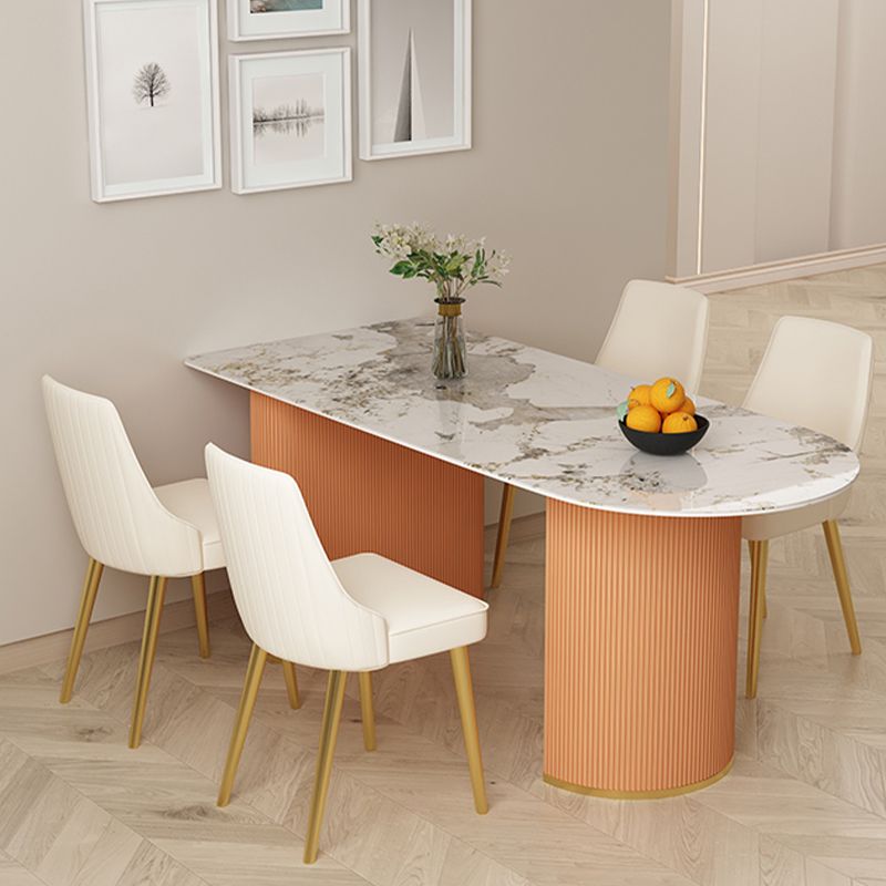 Moderne stenen eettafel ovale ijzeren tafel met dubbele voetstuktafel