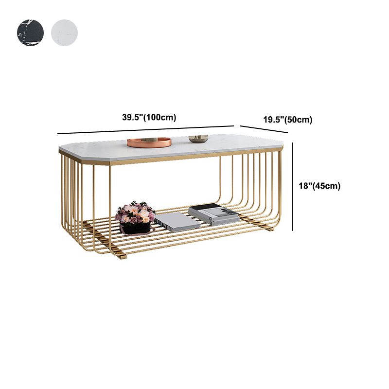 Glam Marble Top Coffee Table with Iron Base and Shelf Cocktail Table