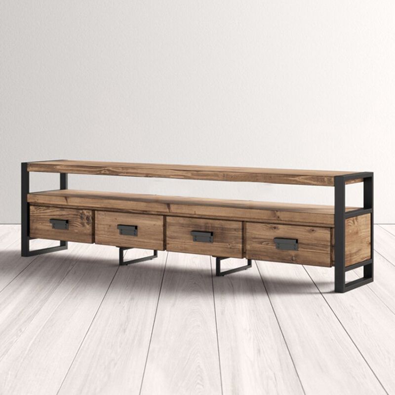 Brown Media Console mit Regalen Industriekiefern Holz Top -TV -Medienstand