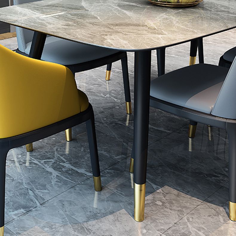 Mesa de comedor de base de madera sólida Mesa de comedor de piedra rectangular con tapa gris y blanca