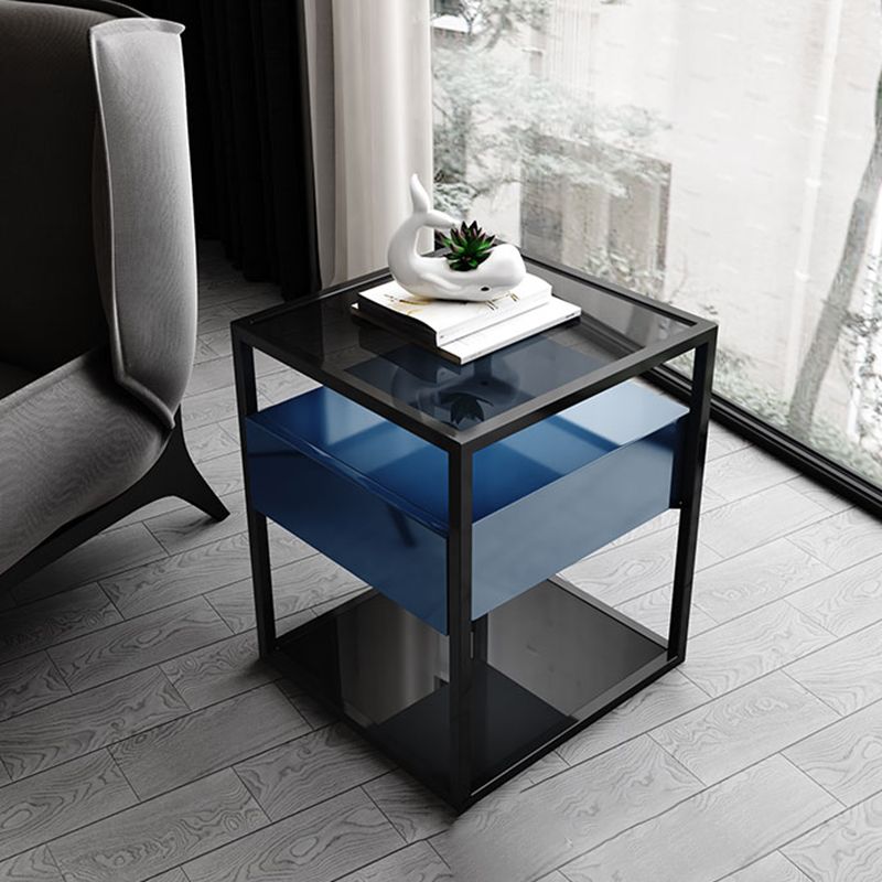 21.2" Tall Modern Rectangular Glass Top Side Table Iron Frame End Table with Storage